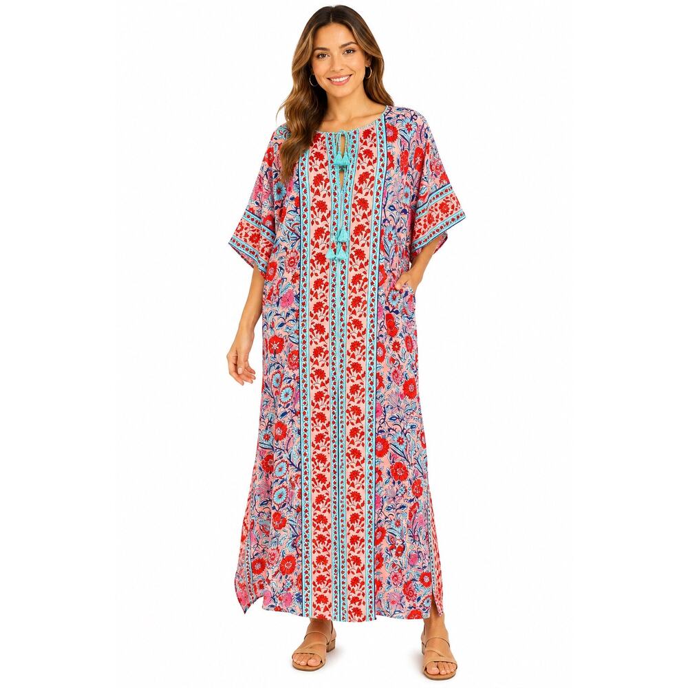 Tuckernuck Pink Blue Floral Cotton Caftan Maxi Dress Boho Resort Medium‎ Kaftan